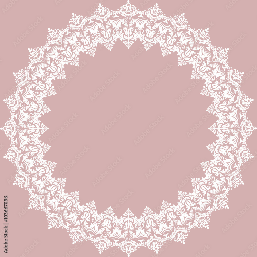 Oriental vector round white frame with arabesques and floral elements. Floral fine border. Greeting card with place for text Oriental vector round white frame with arabesques and floral elements. Floral fine border. Greeting card with place for text