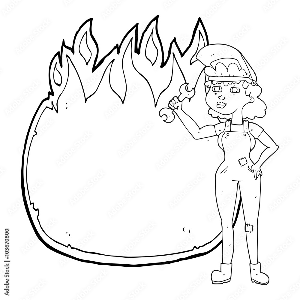 black and white cartoon woman with spanner black and white cartoon woman with spanner