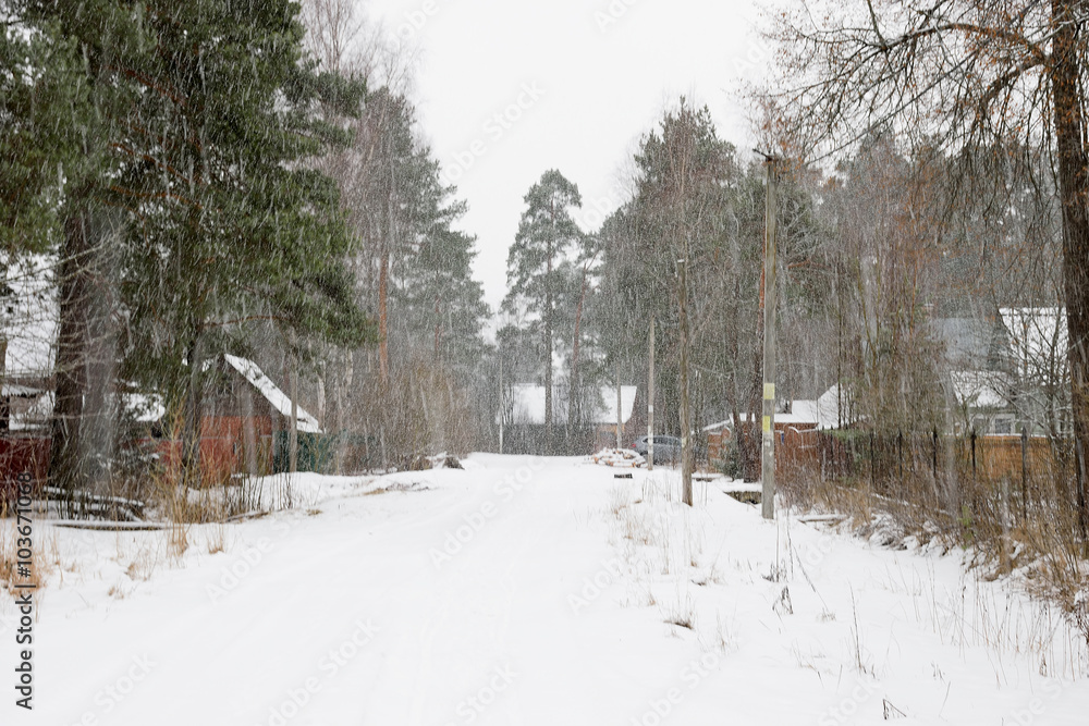 Naklejka premium Heavy snowfall in the village of Vyritsa