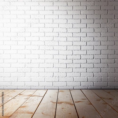 Room interior with brick wall and wooden floor