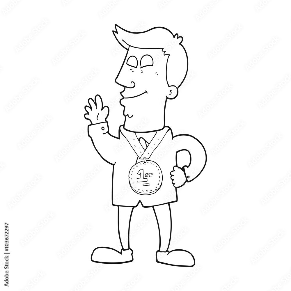 black and white cartoon waving man with award black and white cartoon waving man with award
