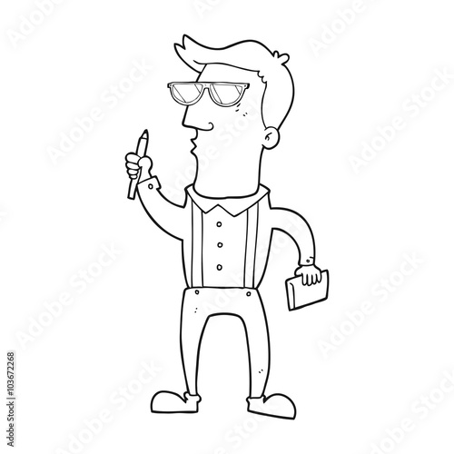 black and white cartoon man with notebook