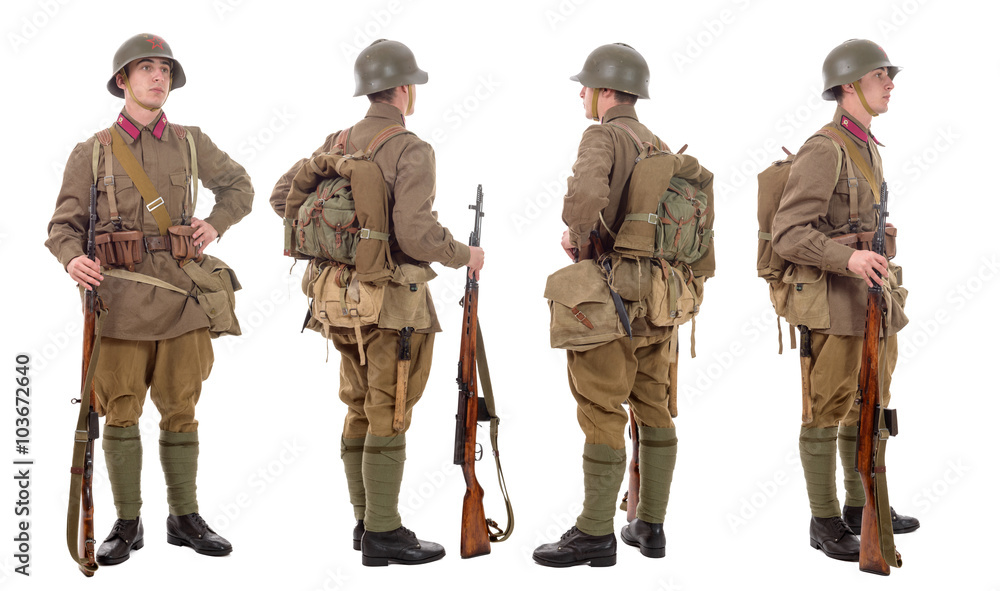 young Soviet soldier with SVT rifle , front, profile, back young Soviet soldier with SVT rifle , front, profile, back