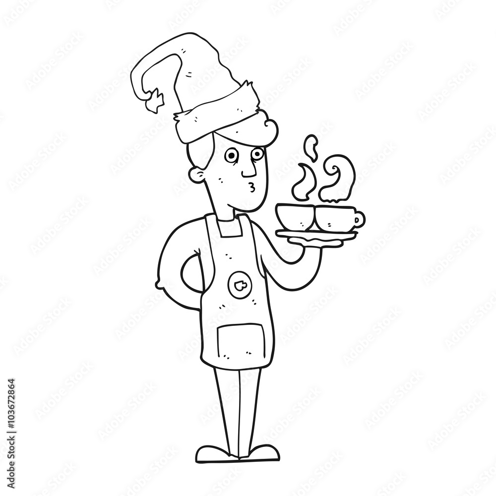 black and white cartoon barista serving coffee at christmas black and white cartoon barista serving coffee at christmas