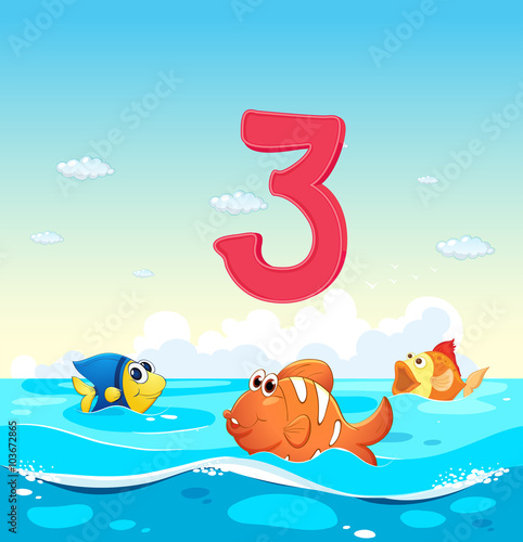 Number three with 3 fish in the ocean