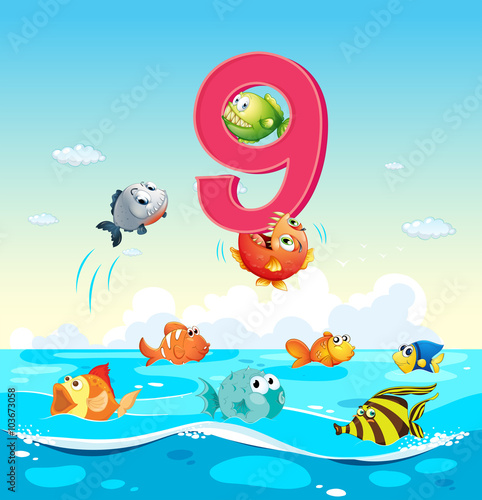 Number nine with 9 fish in the ocean