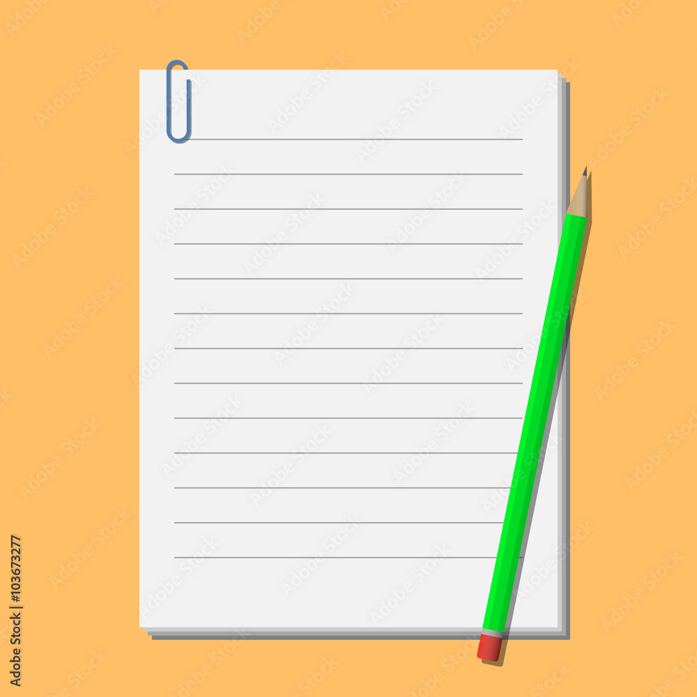 Green pencil on sheets of paper with clip Green pencil on sheets of paper with clip