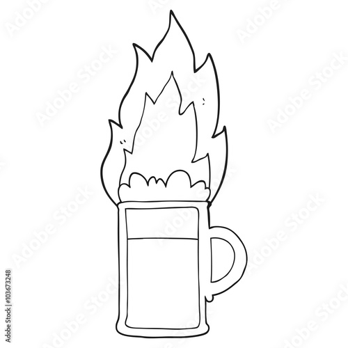 black and white cartoon flaming tankard of beer