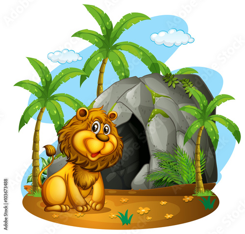 Lion sits in front of cave