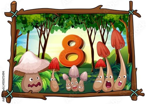 Number eight with 8 mushrooms in the forest