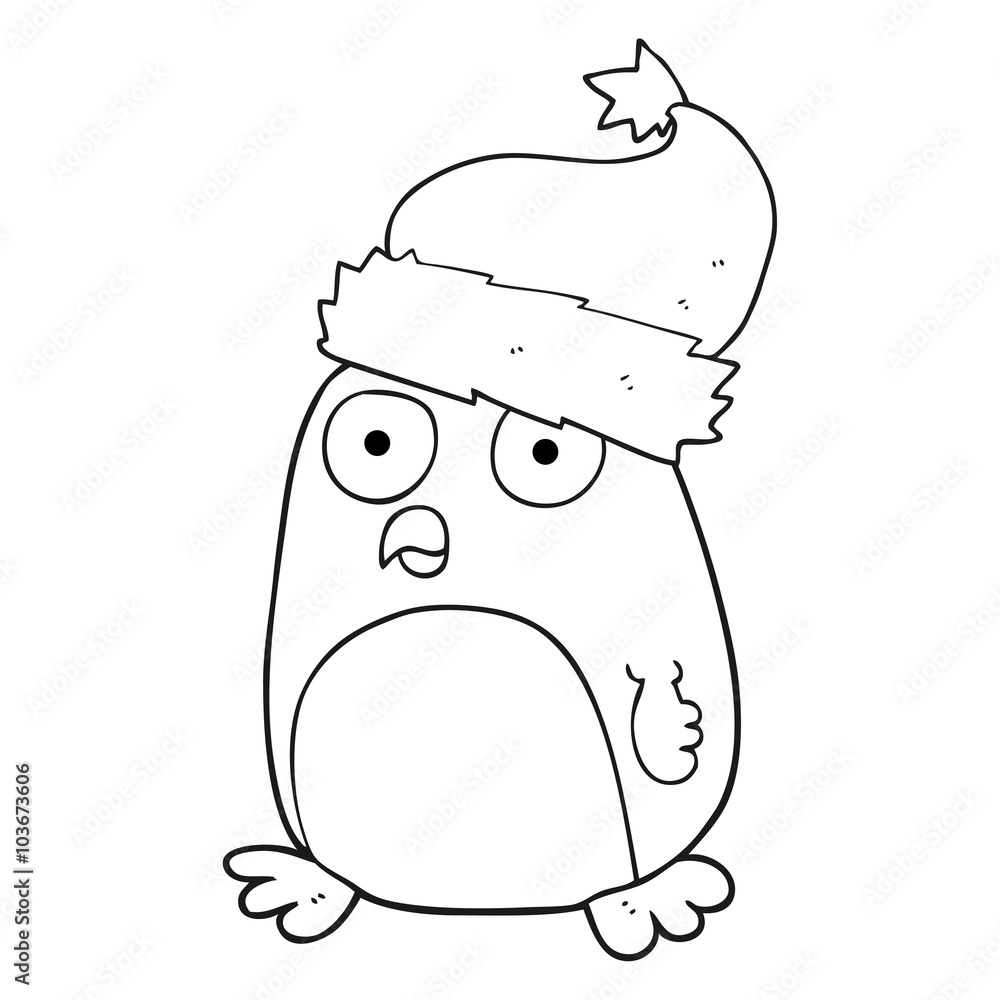 black and white cartoon penguin in christmas hat black and white cartoon penguin in christmas hat