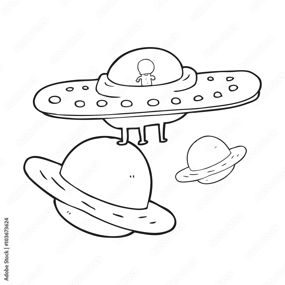 black and white cartoon flying saucer in space black and white cartoon flying saucer in space