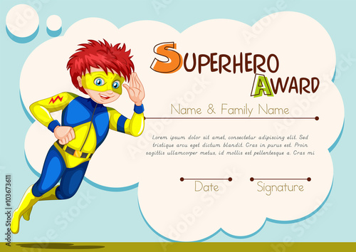 Superhero award template with character in background