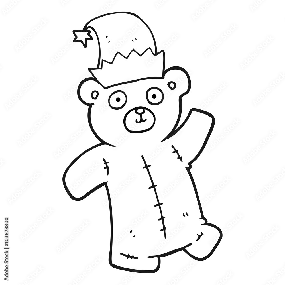 Fototapeta premium black and white cartoon teddy bear wearing christmas hat