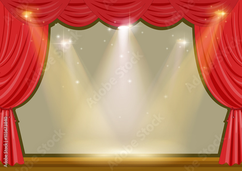 Empty stage with red curtain and lights