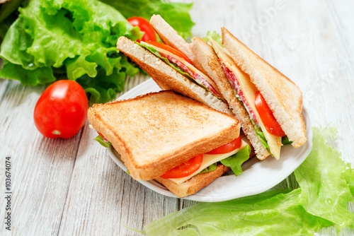  breakfast or lunch , sandwiches with cheese , sausage , tomato, lettuce and mayonnaise on a wooden background