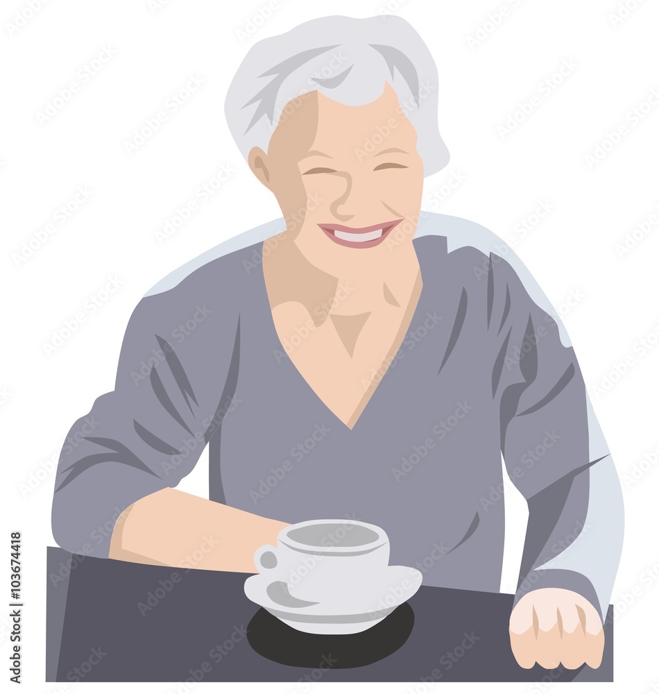 Happy grey senior woman drinking coffee, vector Happy grey senior woman drinking coffee, vector