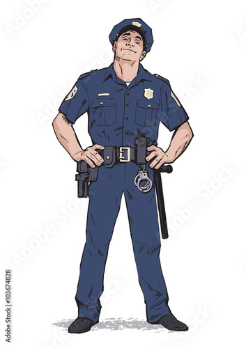 Smug policeman stands upright. Blue uniform