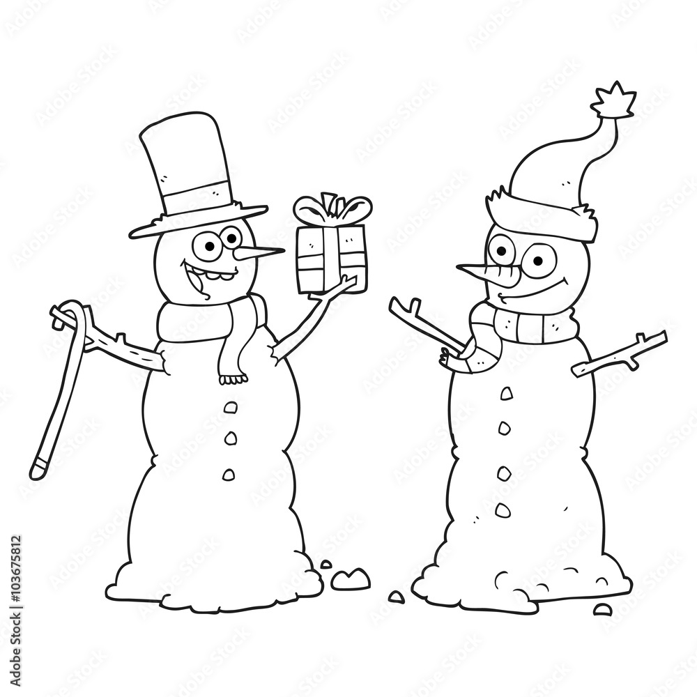 black and white cartoon snowmen exchanging gifts