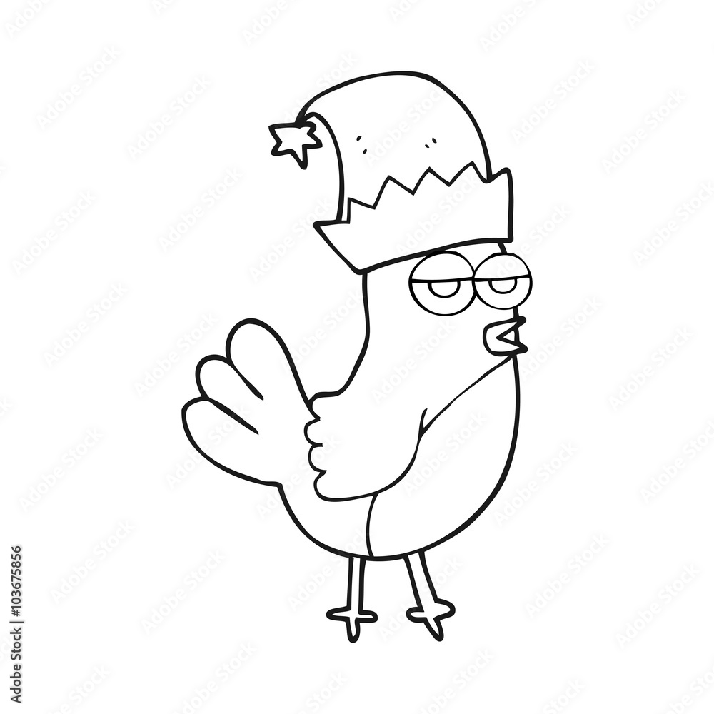 black and white cartoon robin in christmas hat black and white cartoon robin in christmas hat
