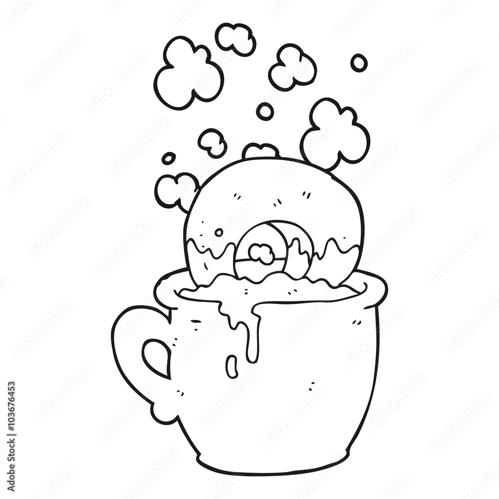black and white cartoon donut dunked in coffee black and white cartoon donut dunked in coffee