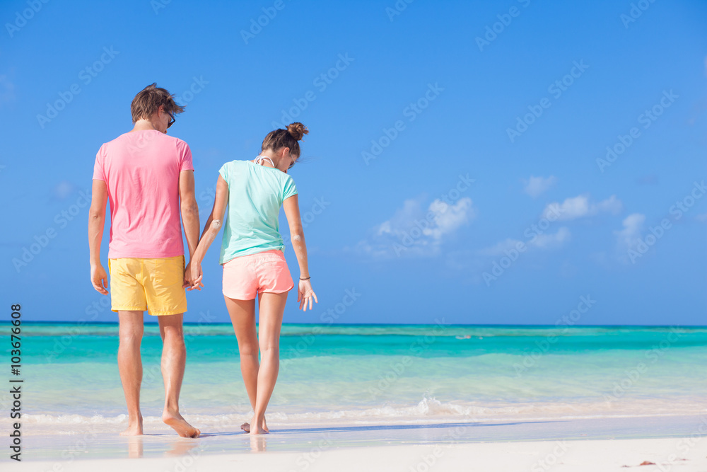 back view of happy romantic young couple walking on the beach