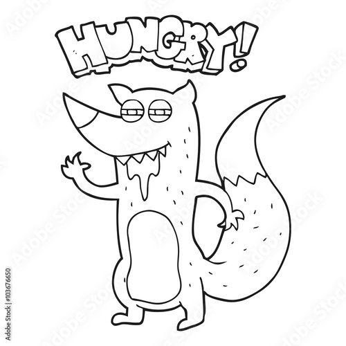 black and white cartoon hungry wolf