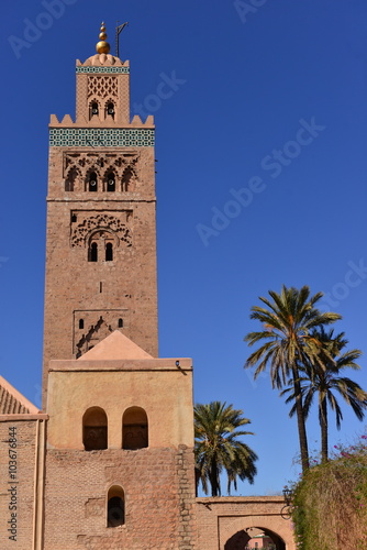 Marrakech, Morocco, Africa. Koutoubia Mosque the city centre most prominent minaret where Islamic prayers are called from at sunrise/sunset and Ramadan.