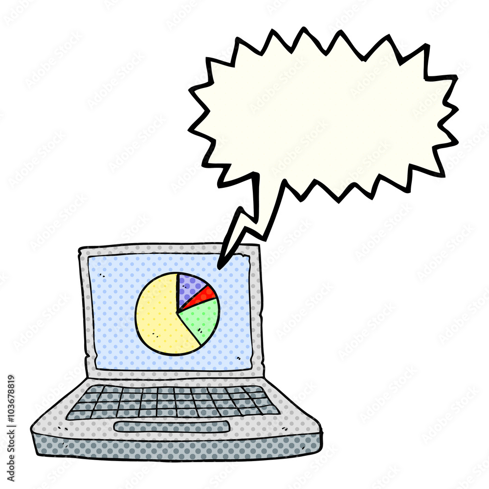 comic book speech bubble cartoon laptop computer with pie chart comic book speech bubble cartoon laptop computer with pie chart