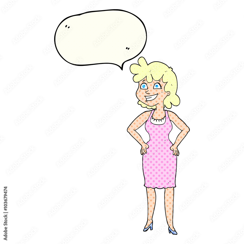 comic book speech bubble cartoon happy woman wearing dress comic book speech bubble cartoon happy woman wearing dress