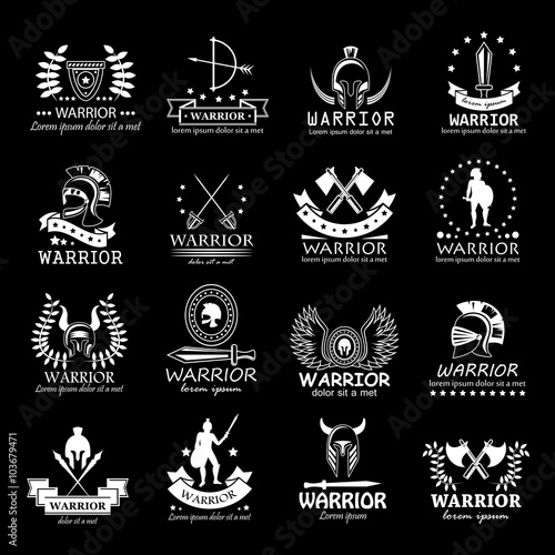 Warriors Icons Set-Isolated On Black Background-Vector Illustration, Graphic Design.For Web, Websites, Print, Presentation And Promotional Materials.Collection Of Sparta,Greek,Military,Weapon Symbols