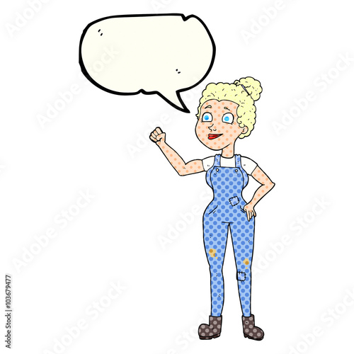 comic book speech bubble cartoon woman in dungarees