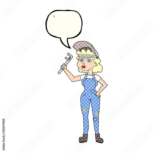 comic book speech bubble cartoon capable woman with wrench