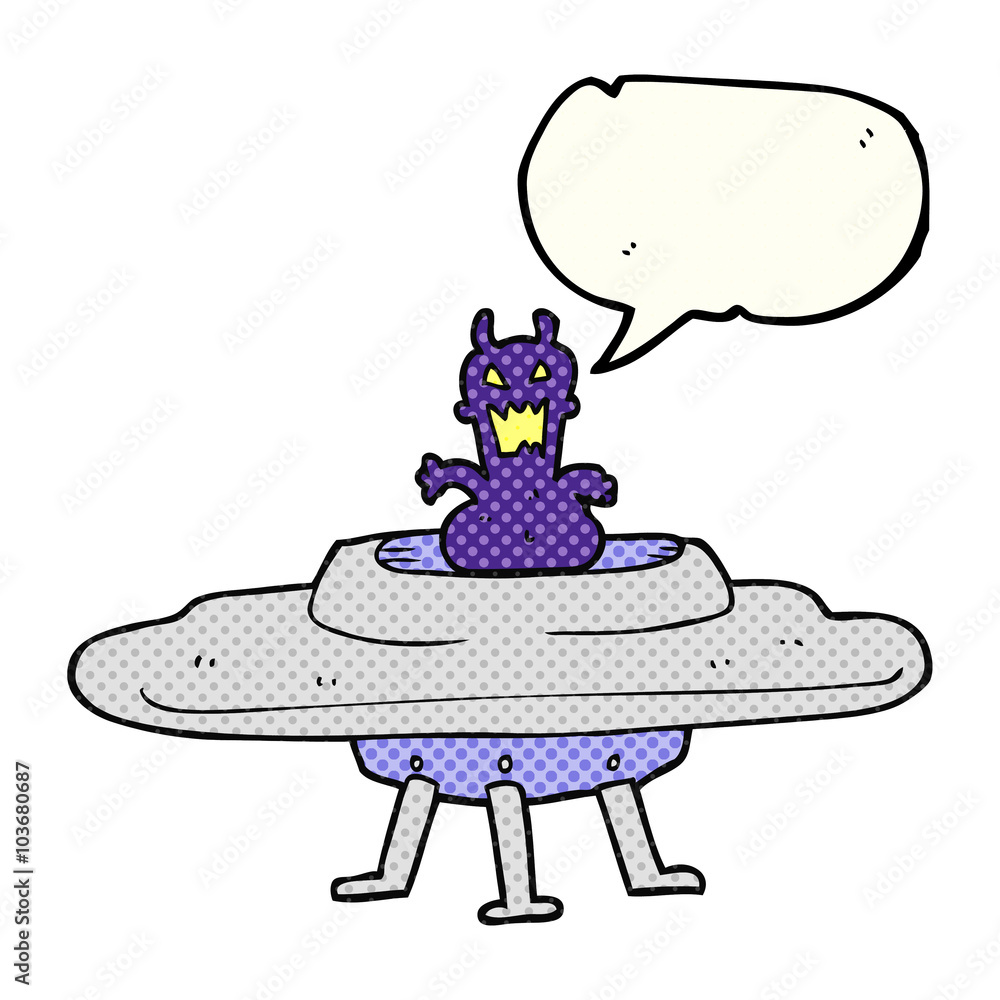 comic book speech bubble cartoon alien in flying saucer comic book speech bubble cartoon alien in flying saucer