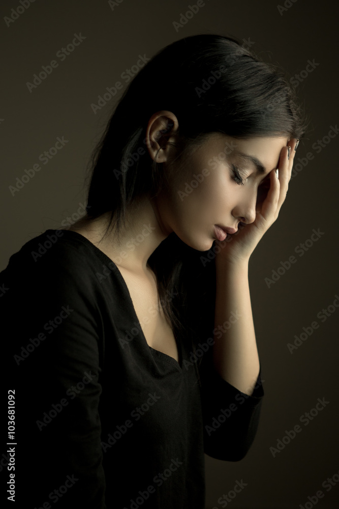Sad Girl Profile In Dark Looking Up Stock Photo, Picture and