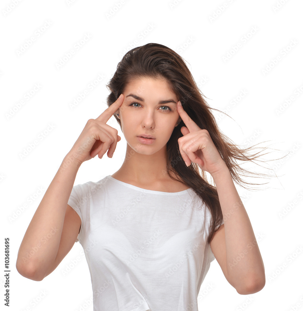 beautiful young brunette woman thinking fingers pointing at head beautiful young brunette woman thinking fingers pointing at head