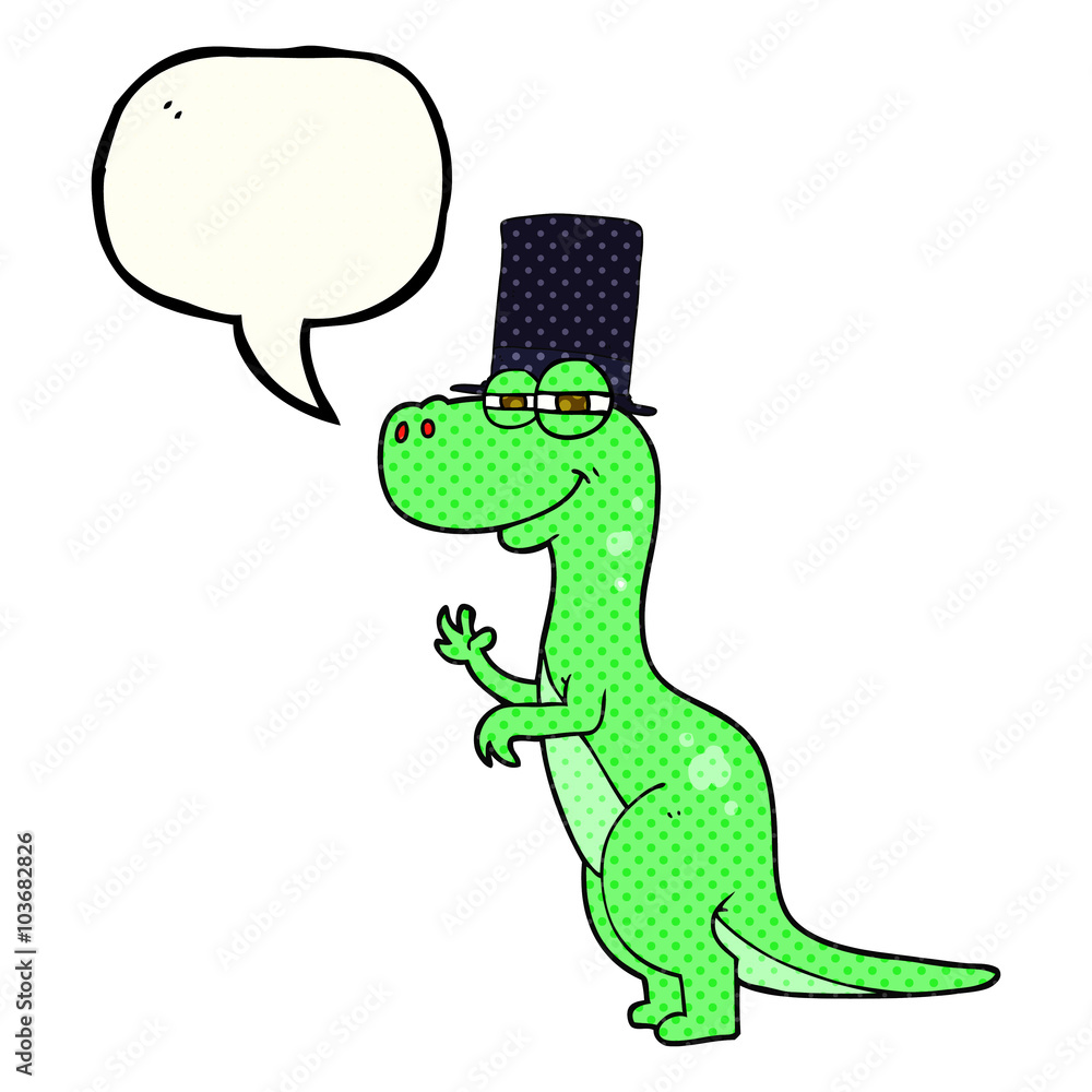 Fototapeta premium comic book speech bubble cartoon dinosaur wearing top hat