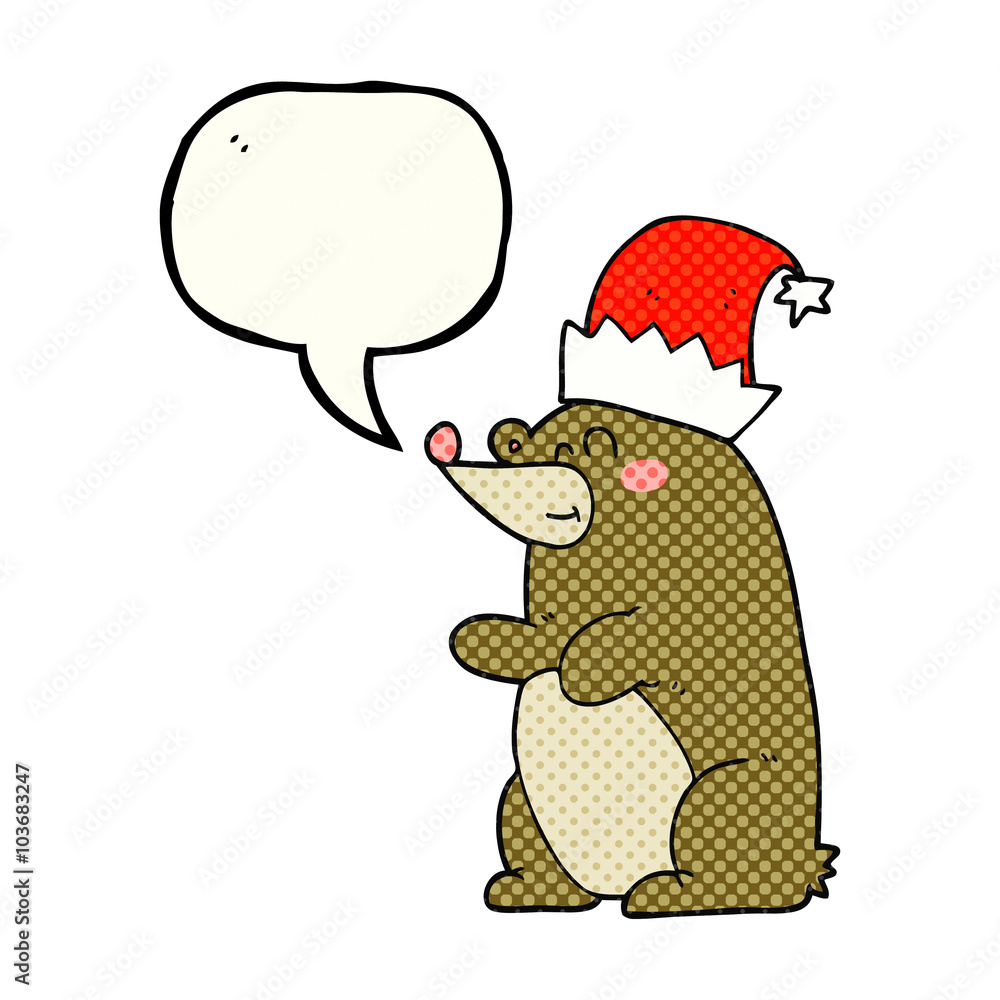 comic book speech bubble cartoon bear wearing christmas hat comic book speech bubble cartoon bear wearing christmas hat