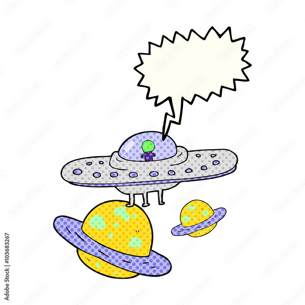 comic book speech bubble cartoon flying saucer in space comic book speech bubble cartoon flying saucer in space