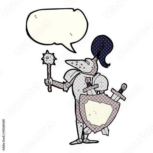 comic book speech bubble cartoon medieval knight with shield