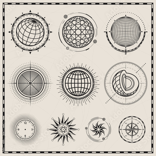 Collection of outline globes, spheres and compass symbol design.