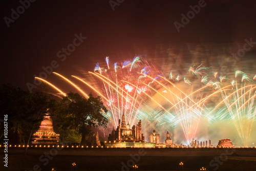 Fireworks at Sukhothai historical park, Mahathat Temple