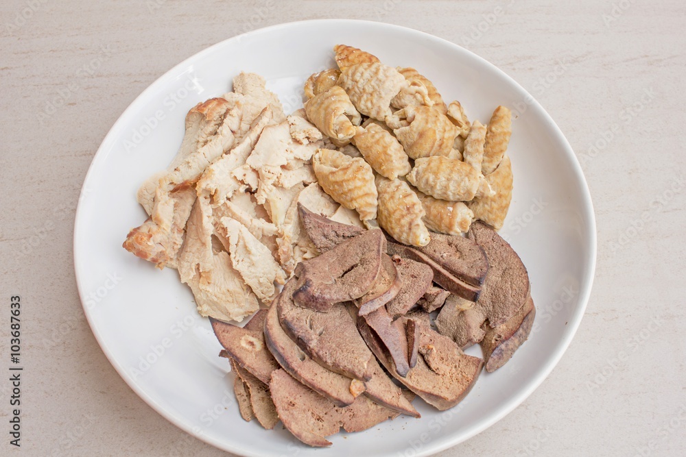 boiled pork and entrails in white dish - close up of pork entrails for food (Entrails pig) boiled pork and entrails in white dish - close up of pork entrails for food (Entrails pig)