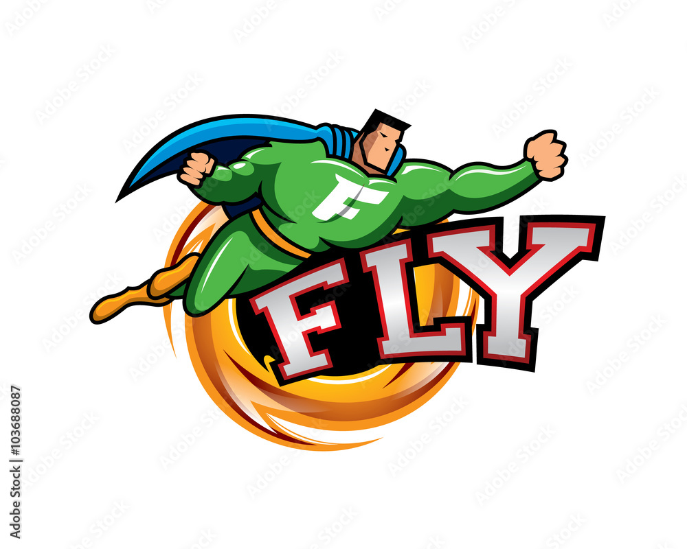 green superhero flying above FLY text