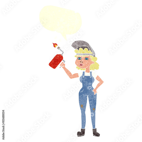 retro speech bubble cartoon woman welding