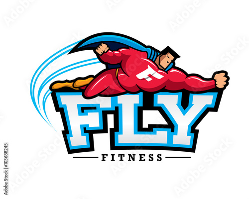 superhero flying above FLY FITNESS text