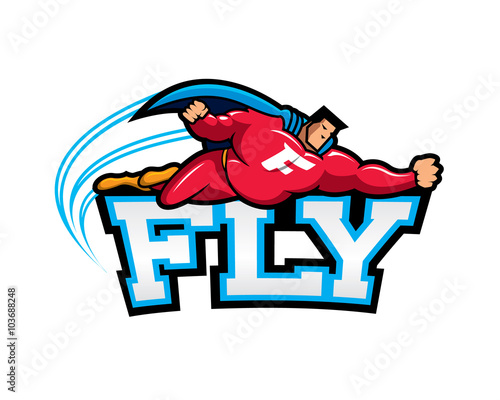 fat stomach superhero flying above FLY text