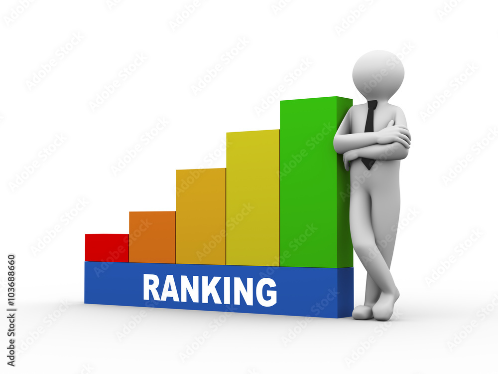 3d man with ranking growing business bars 3d man with ranking growing business bars