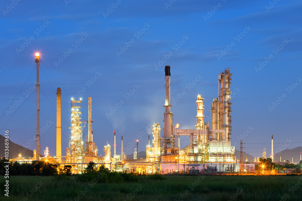 Fototapeta premium Oil gas refinery plant. May called petroleum, production or petrochemical plant. Industrial factory construction from engineering technology with steel pipe, pipeline, tank. Business for power energy.