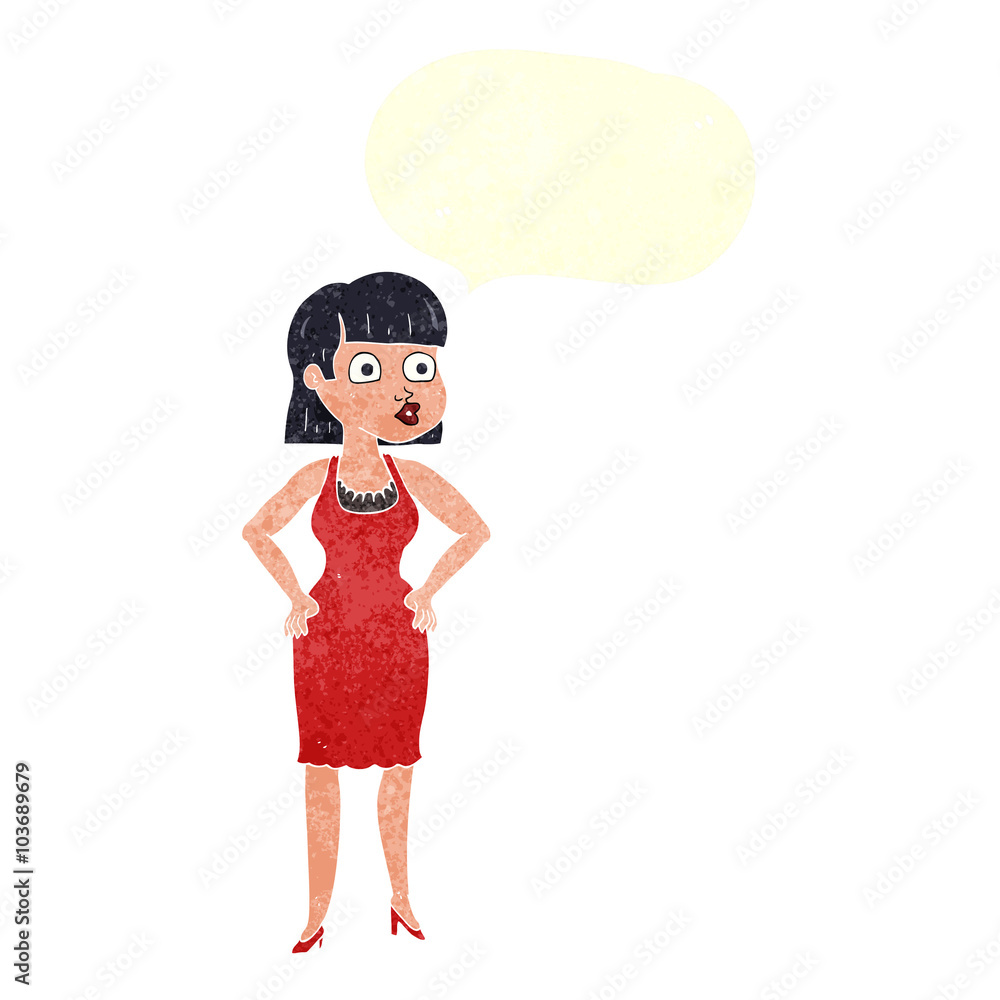 retro speech bubble cartoon woman in dress with hands on hips retro speech bubble cartoon woman in dress with hands on hips